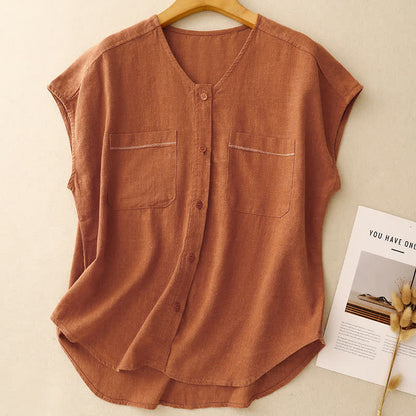 Buddha Stones Summer Casual Minimalist Button-Up Patch Pocket Solid Women's Sleeveless Shirts Tank Top With Pocket