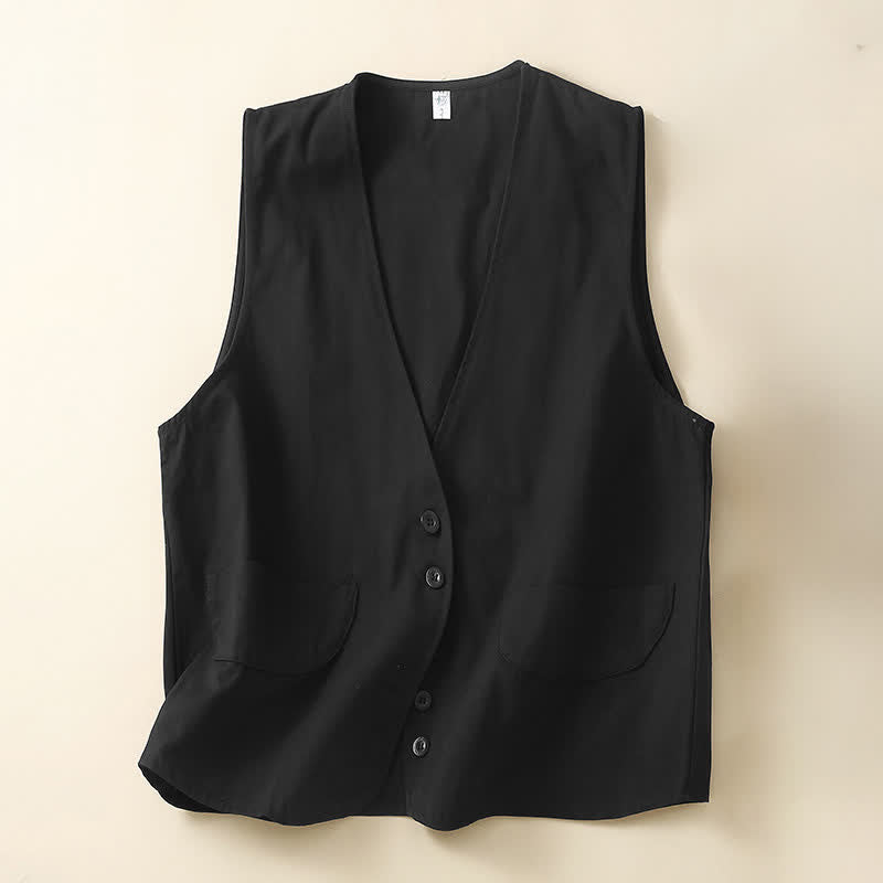 Buddha Stones Summer Casual Minimalist Button-Up Solid Women's Sleeveless Shirts Tank Top With Pocket