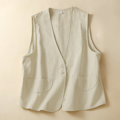 Buddha Stones Summer Casual Minimalist Button-Up Solid Women's Sleeveless Shirts Tank Top With Pocket