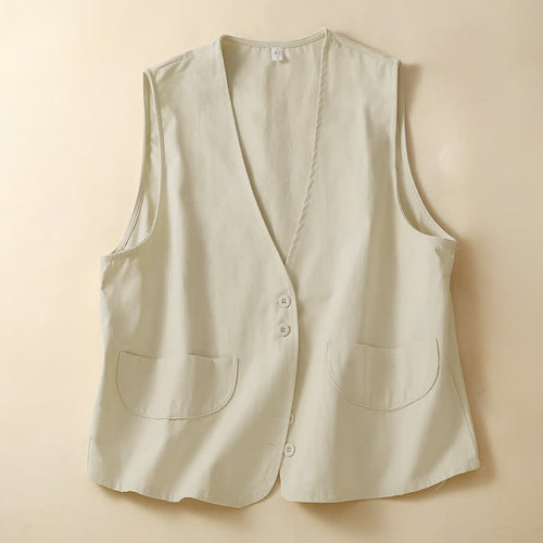 Buddha Stones Summer Casual Minimalist Button-Up Solid Women's Sleeveless Shirts Tank Top With Pocket