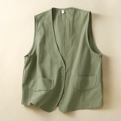 Buddha Stones Summer Casual Minimalist Button-Up Solid Women's Sleeveless Shirts Tank Top With Pocket