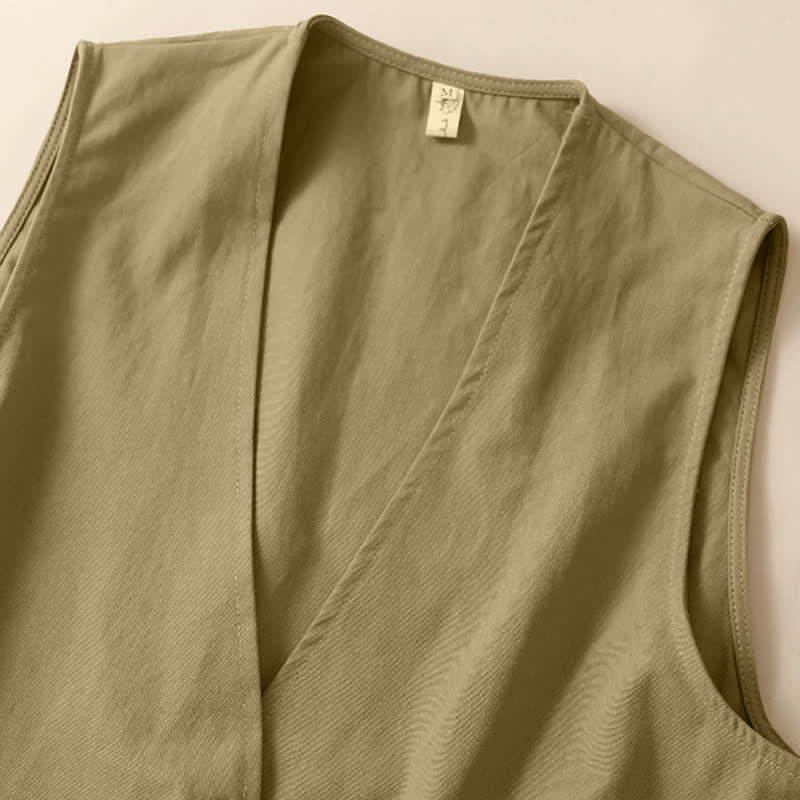 Buddha Stones Summer Casual Minimalist Button-Up Solid Women's Sleeveless Shirts Tank Top With Pocket