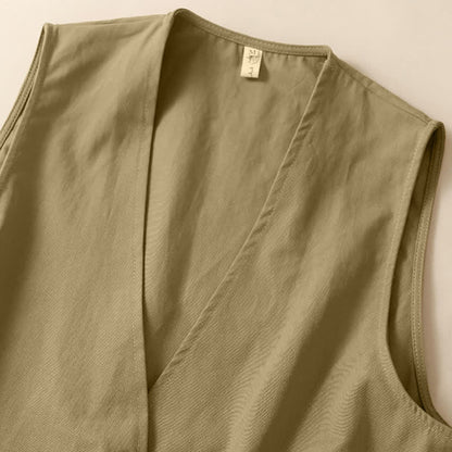 Buddha Stones Summer Casual Minimalist Button-Up Solid Women's Sleeveless Shirts Tank Top With Pocket