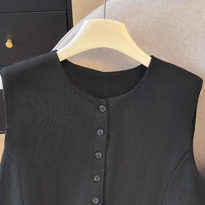Buddha Stones Summer Elegant Button-Up Solid Crew Neck Tank Top Women's Sleeveless Shirts