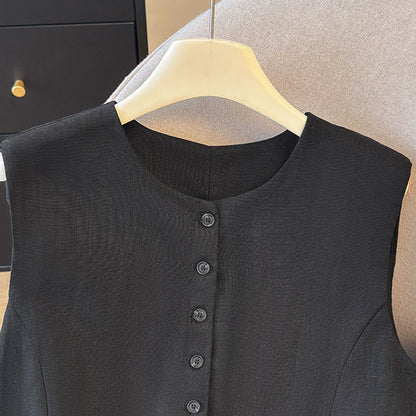 Buddha Stones Summer Elegant Button-Up Solid Crew Neck Tank Top Women's Sleeveless Shirts