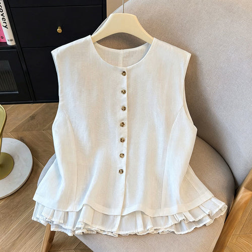Buddha Stones Summer Elegant Button-Up Solid Crew Neck Tank Top Women's Sleeveless Shirts