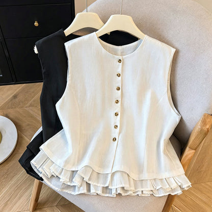 Buddha Stones Summer Elegant Button-Up Solid Crew Neck Tank Top Women's Sleeveless Shirts