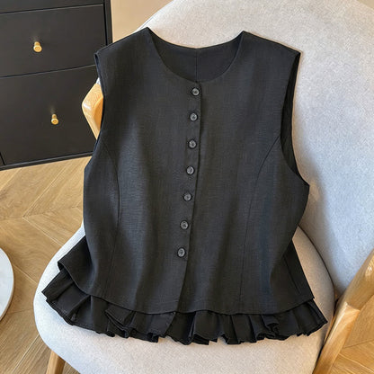 Buddha Stones Summer Elegant Button-Up Solid Crew Neck Tank Top Women's Sleeveless Shirts