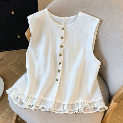 Buddha Stones Summer Elegant Button-Up Solid Crew Neck Tank Top Women's Sleeveless Shirts