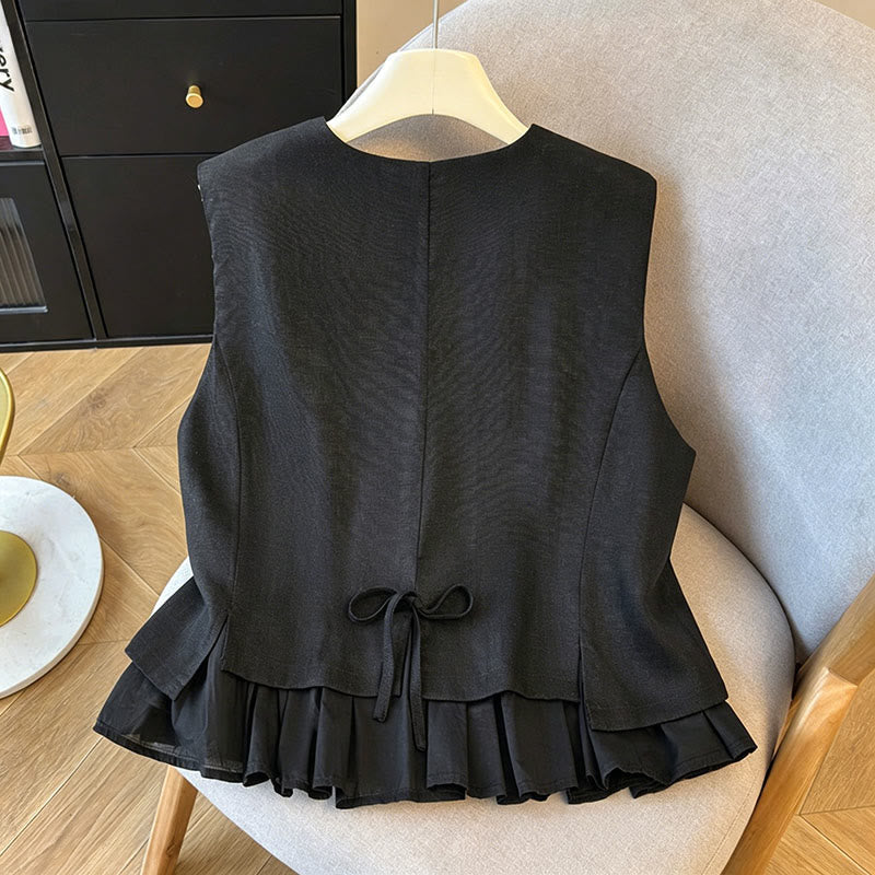 Buddha Stones Summer Elegant Button-Up Solid Crew Neck Tank Top Women's Sleeveless Shirts