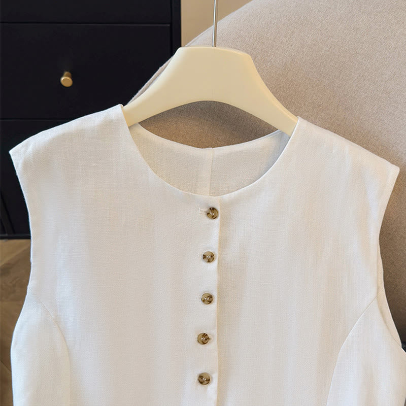 Buddha Stones Summer Elegant Button-Up Solid Crew Neck Tank Top Women's Sleeveless Shirts