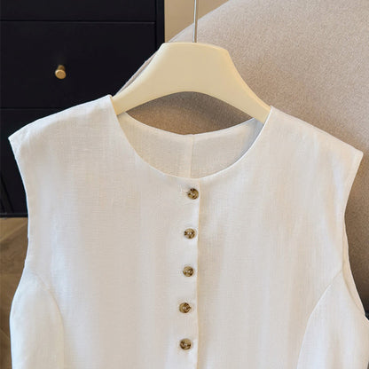 Buddha Stones Summer Elegant Button-Up Solid Crew Neck Tank Top Women's Sleeveless Shirts