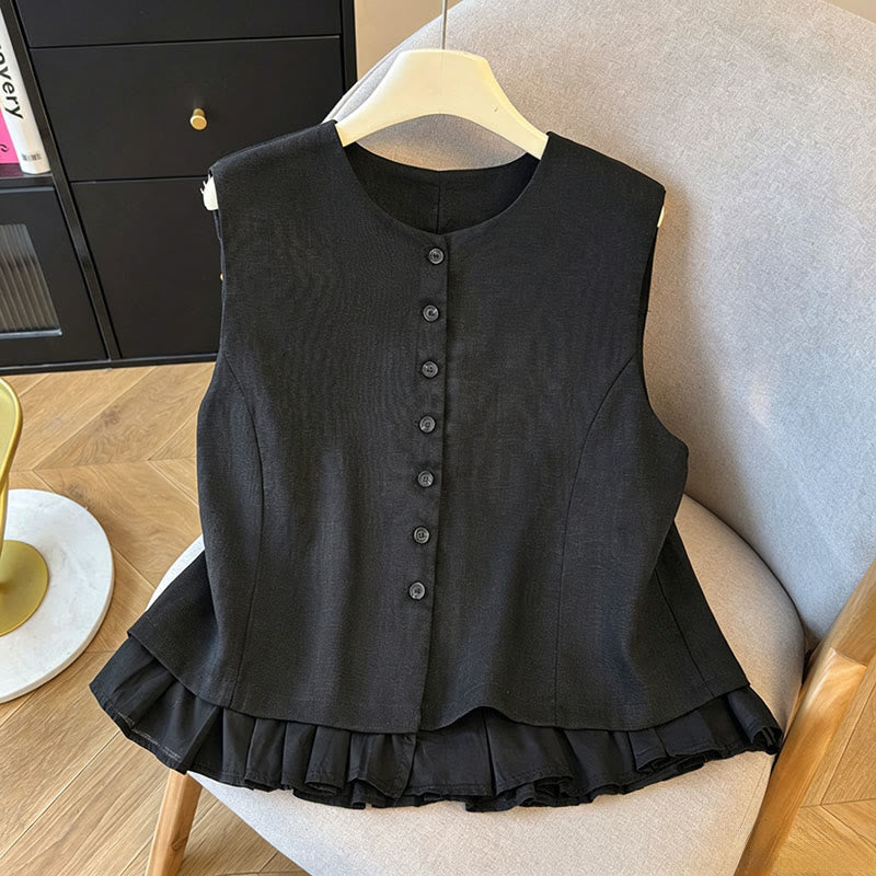 Buddha Stones Summer Elegant Button-Up Solid Crew Neck Tank Top Women's Sleeveless Shirts