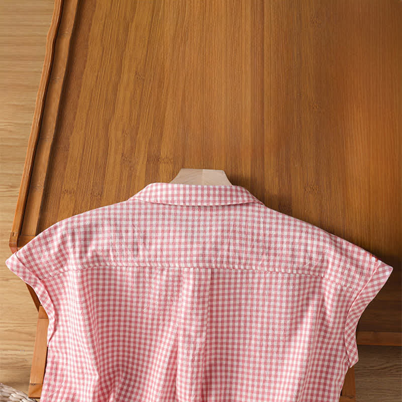 Buddha Stones Summer Casual Vintage Button-Up Plaid Women's Sleeveless Shirts Tank Top