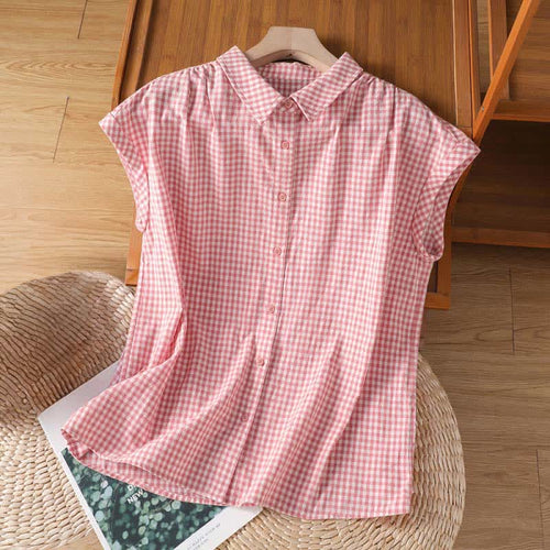 Buddha Stones Summer Casual Vintage Button-Up Plaid Women's Sleeveless Shirts Tank Top