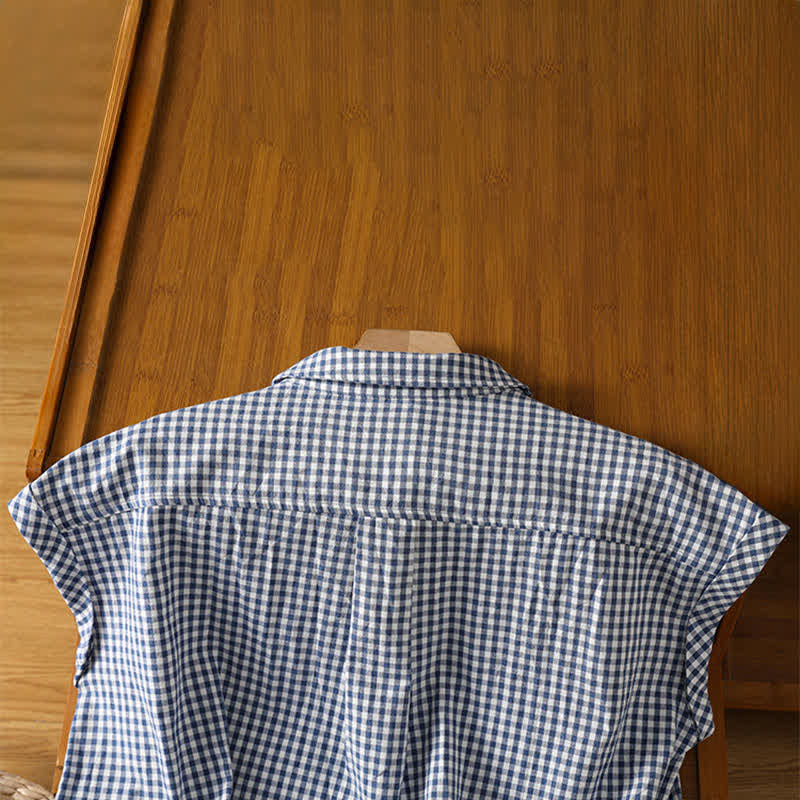 Buddha Stones Summer Casual Vintage Button-Up Plaid Women's Sleeveless Shirts Tank Top