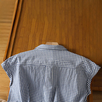 Buddha Stones Summer Casual Vintage Button-Up Plaid Women's Sleeveless Shirts Tank Top