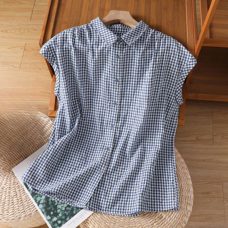 Buddha Stones Summer Casual Vintage Button-Up Plaid Women's Sleeveless Shirts Tank Top