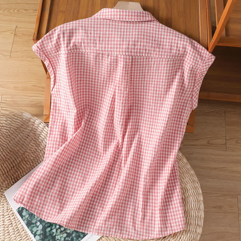 Buddha Stones Summer Casual Vintage Button-Up Plaid Women's Sleeveless Shirts Tank Top