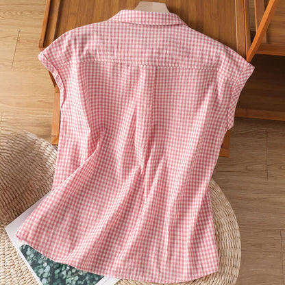 Buddha Stones Summer Casual Vintage Button-Up Plaid Women's Sleeveless Shirts Tank Top
