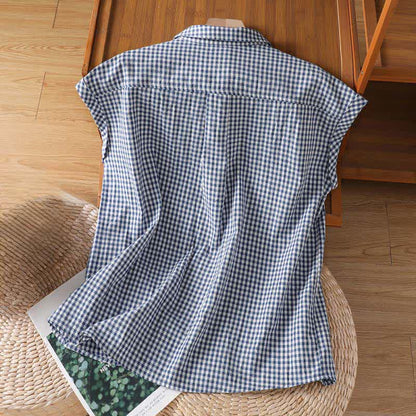 Buddha Stones Summer Casual Vintage Button-Up Plaid Women's Sleeveless Shirts Tank Top