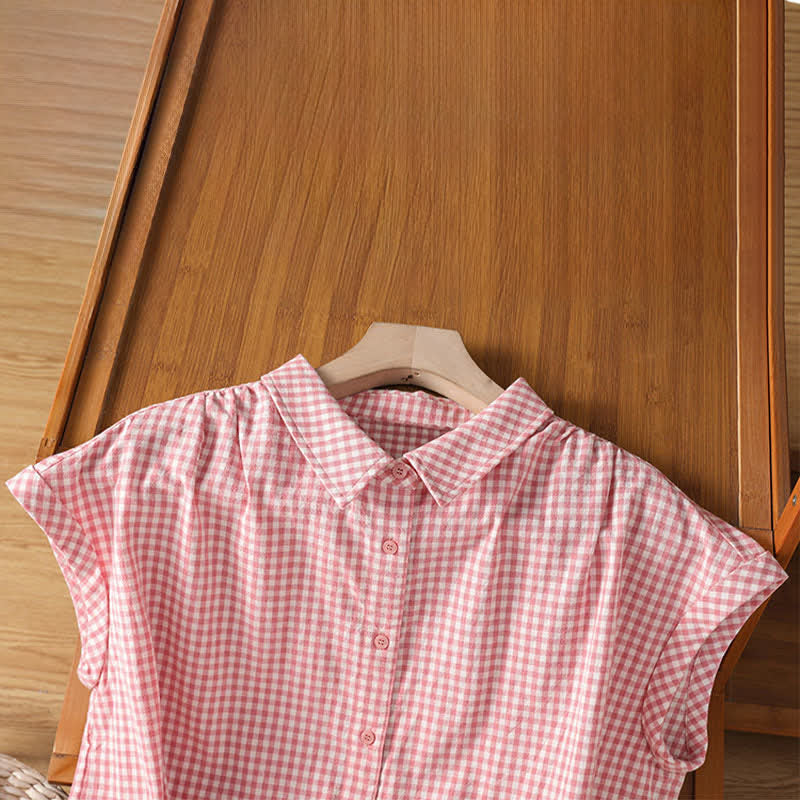 Buddha Stones Summer Casual Vintage Button-Up Plaid Women's Sleeveless Shirts Tank Top