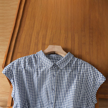 Buddha Stones Summer Casual Vintage Button-Up Plaid Women's Sleeveless Shirts Tank Top