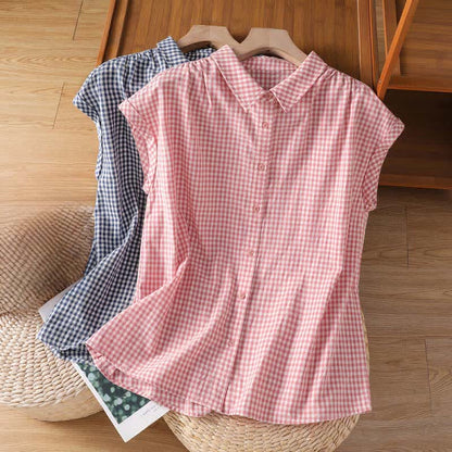 Buddha Stones Summer Casual Vintage Button-Up Plaid Women's Sleeveless Shirts Tank Top