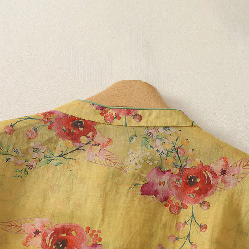 Buddha Stones Summer Vintage Tang Style Frog Button Red Floral Tank Top Women's Sleeveless Shirts