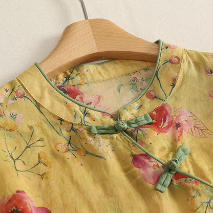 Buddha Stones Summer Vintage Tang Style Frog Button Red Floral Tank Top Women's Sleeveless Shirts