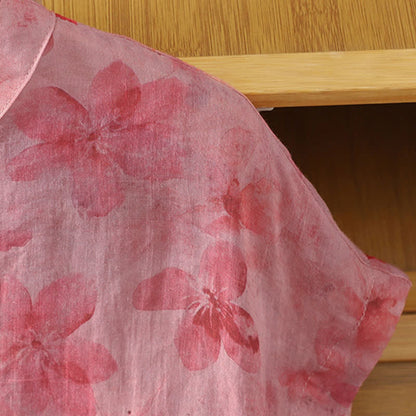 Buddha Stones Summer Tang Style Casual Mandarin Collar Pink Floral Tank Top Women's Sleeveless Shirts