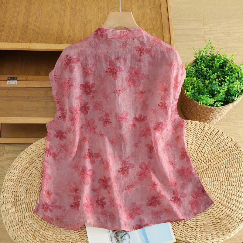 Buddha Stones Summer Tang Style Casual Mandarin Collar Pink Floral Tank Top Women's Sleeveless Shirts