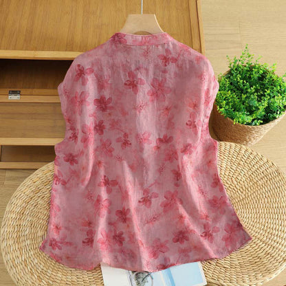 Buddha Stones Summer Tang Style Casual Mandarin Collar Pink Floral Tank Top Women's Sleeveless Shirts