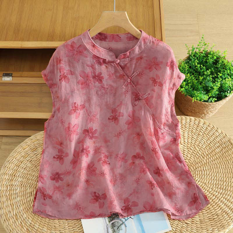 Buddha Stones Summer Tang Style Casual Mandarin Collar Pink Floral Tank Top Women's Sleeveless Shirts