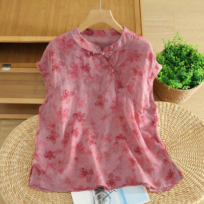 Buddha Stones Summer Tang Style Casual Mandarin Collar Pink Floral Tank Top Women's Sleeveless Shirts