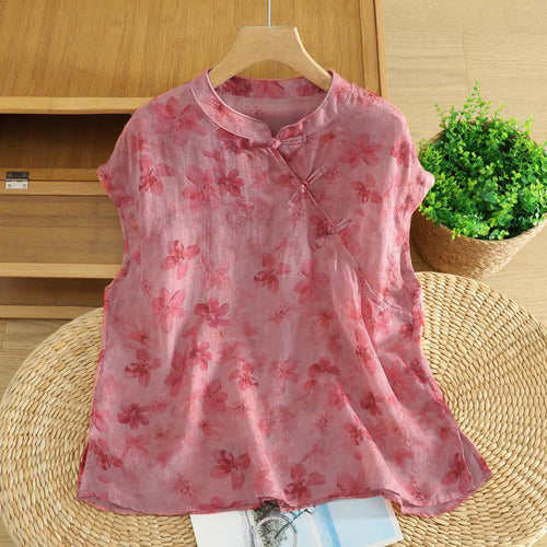 Buddha Stones Summer Tang Style Casual Mandarin Collar Pink Floral Tank Top Women's Sleeveless Shirts