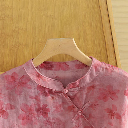 Buddha Stones Summer Tang Style Casual Mandarin Collar Pink Floral Tank Top Women's Sleeveless Shirts