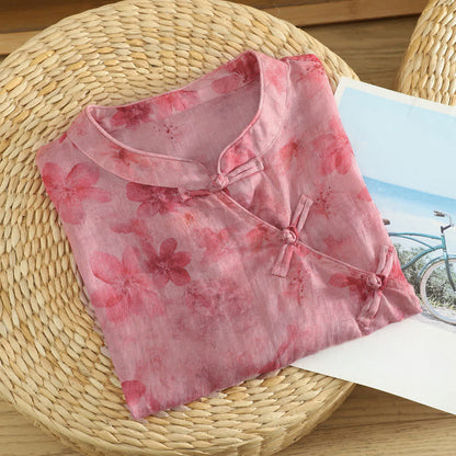 Buddha Stones Summer Tang Style Casual Mandarin Collar Pink Floral Tank Top Women's Sleeveless Shirts