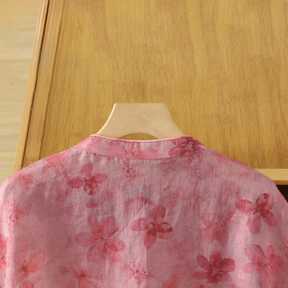 Buddha Stones Summer Tang Style Casual Mandarin Collar Pink Floral Tank Top Women's Sleeveless Shirts