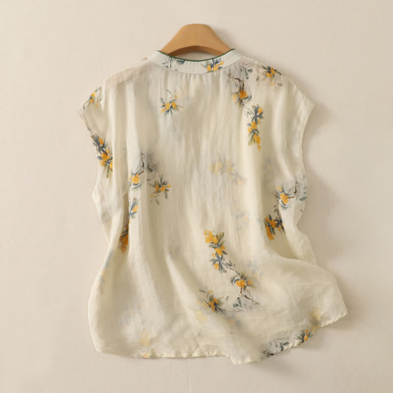 Buddha Stones Summer Tang Style Vintage Mandarin Collar Yellow Loquat Floral Tank Top Women's Sleeveless Shirts