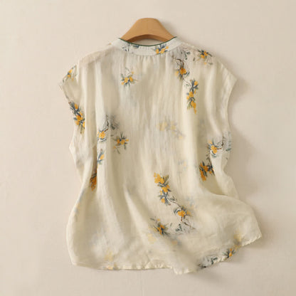 Buddha Stones Summer Tang Style Vintage Mandarin Collar Yellow Loquat Floral Tank Top Women's Sleeveless Shirts