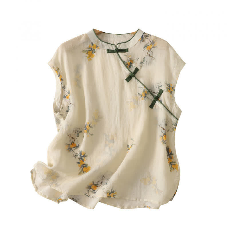 Buddha Stones Summer Tang Style Vintage Mandarin Collar Yellow Loquat Floral Tank Top Women's Sleeveless Shirts