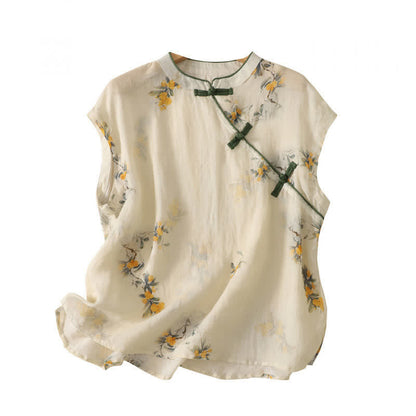 Buddha Stones Summer Tang Style Vintage Mandarin Collar Yellow Loquat Floral Tank Top Women's Sleeveless Shirts