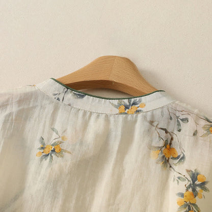 Buddha Stones Summer Tang Style Vintage Mandarin Collar Yellow Loquat Floral Tank Top Women's Sleeveless Shirts