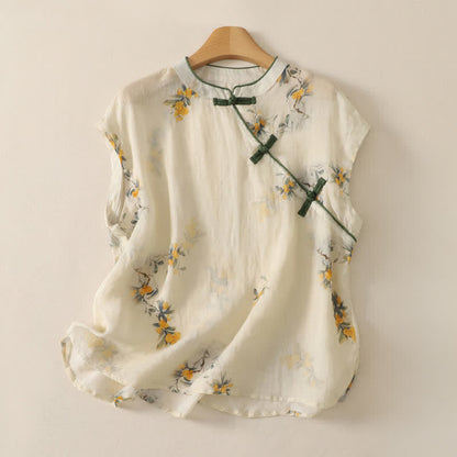 Buddha Stones Summer Tang Style Vintage Mandarin Collar Yellow Loquat Floral Tank Top Women's Sleeveless Shirts