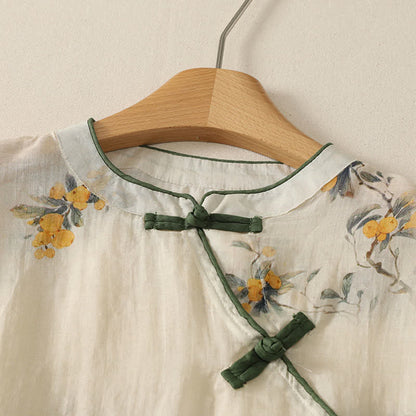 Buddha Stones Summer Tang Style Vintage Mandarin Collar Yellow Loquat Floral Tank Top Women's Sleeveless Shirts