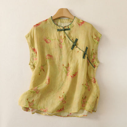 Buddha Stones Summer Tang Style Vintage Frog Button Orchid Floral Women's Sleeveless Shirts Tank Top