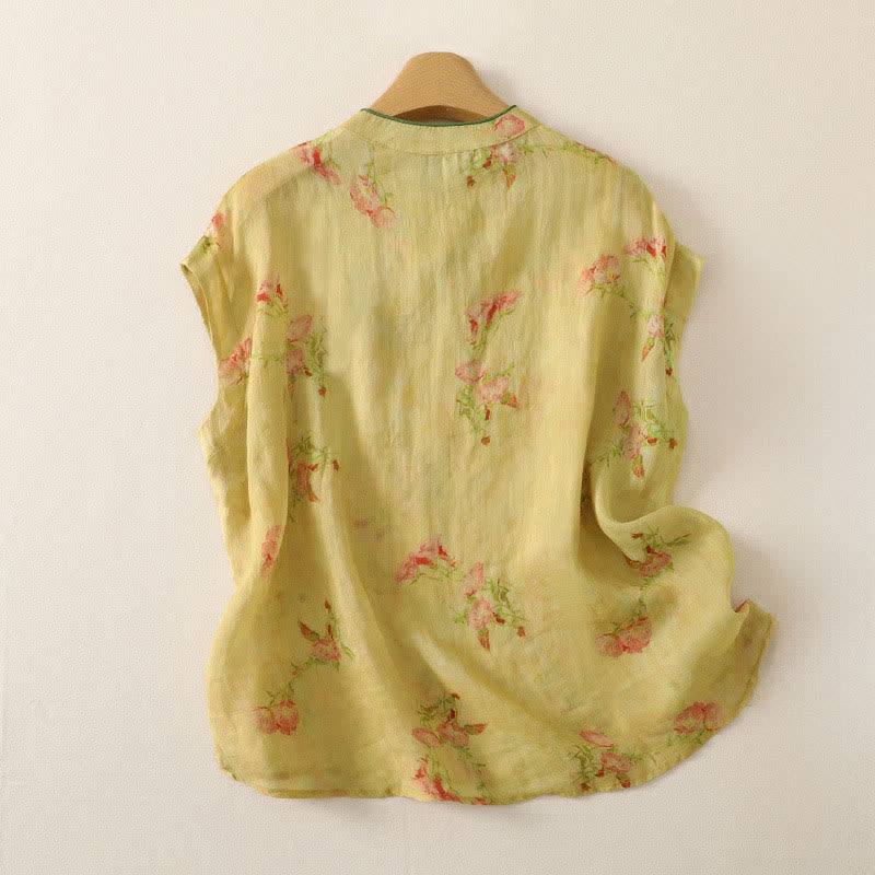 Buddha Stones Summer Tang Style Vintage Frog Button Orchid Floral Women's Sleeveless Shirts Tank Top