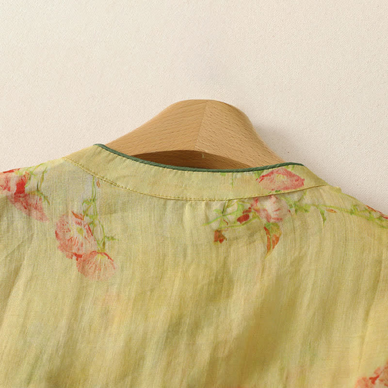 Buddha Stones Summer Tang Style Vintage Frog Button Orchid Floral Women's Sleeveless Shirts Tank Top