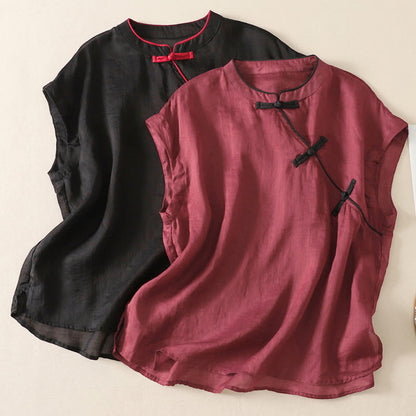 Buddha Stones Summer Tang Style Casual Frog Button Solid Tank Top Women's Sleeveless Shirts